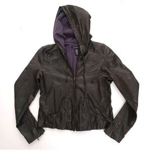 Lucky Brand Dk Brown Leather Full Zip Hoodie Jacket Sz M Soft Lined